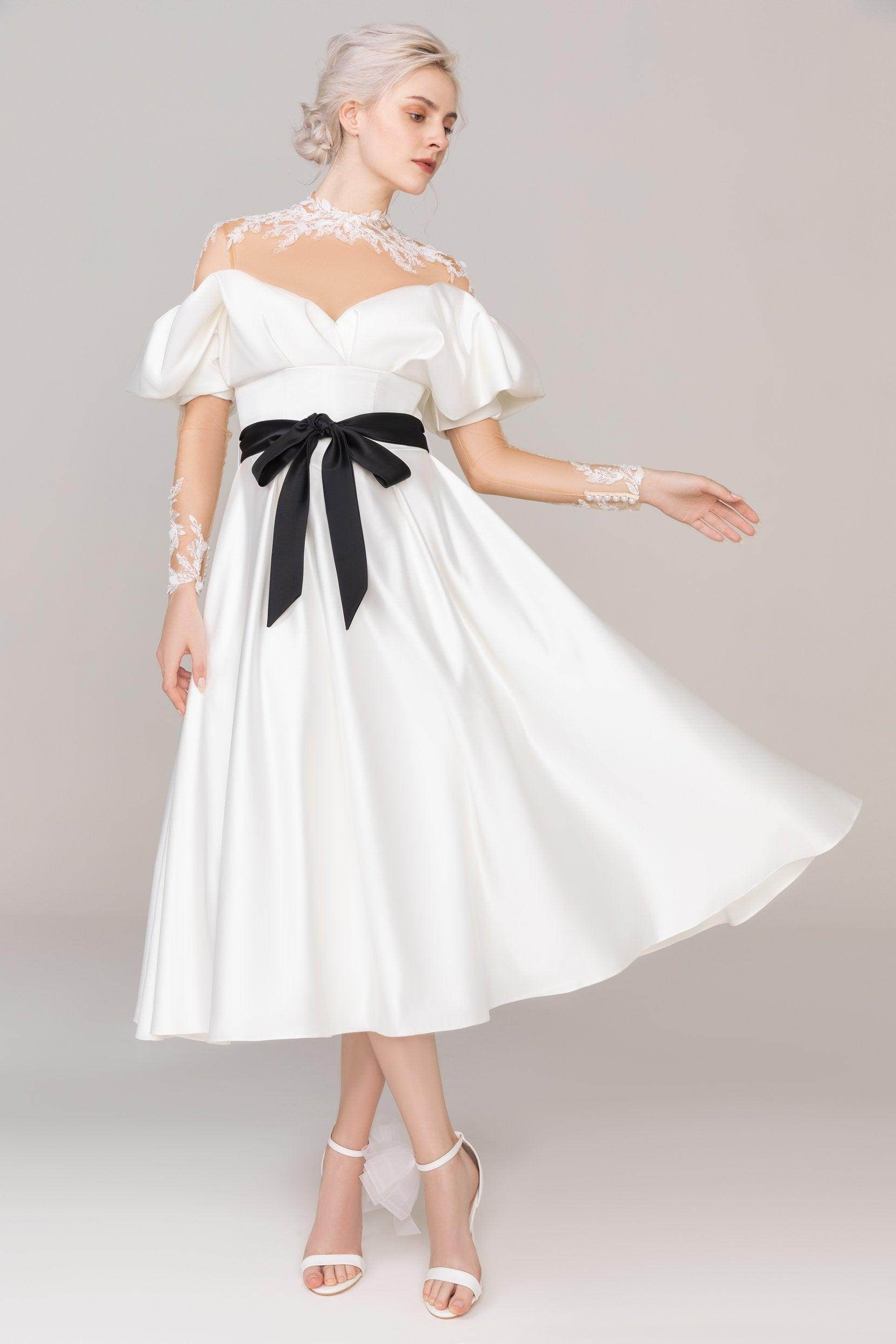 A-Line Tea Length Satin Tulle Wedding Dress CW2459 - COCOMELODY
